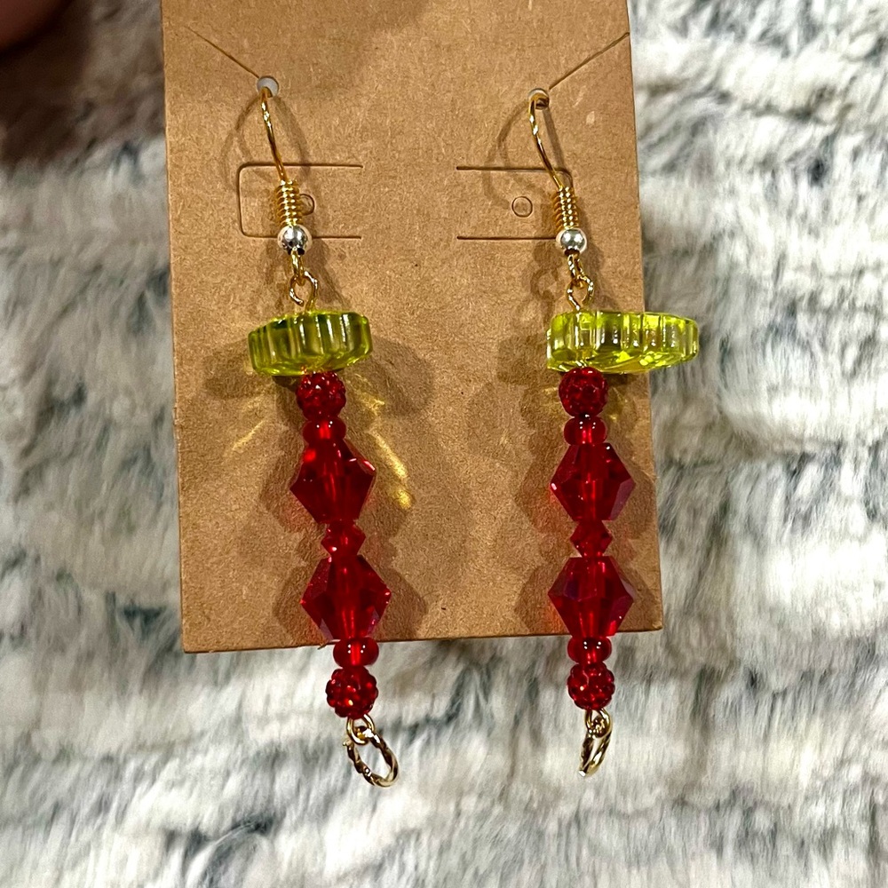 Cherry Red & Green Lead Dangle Gold Earrings